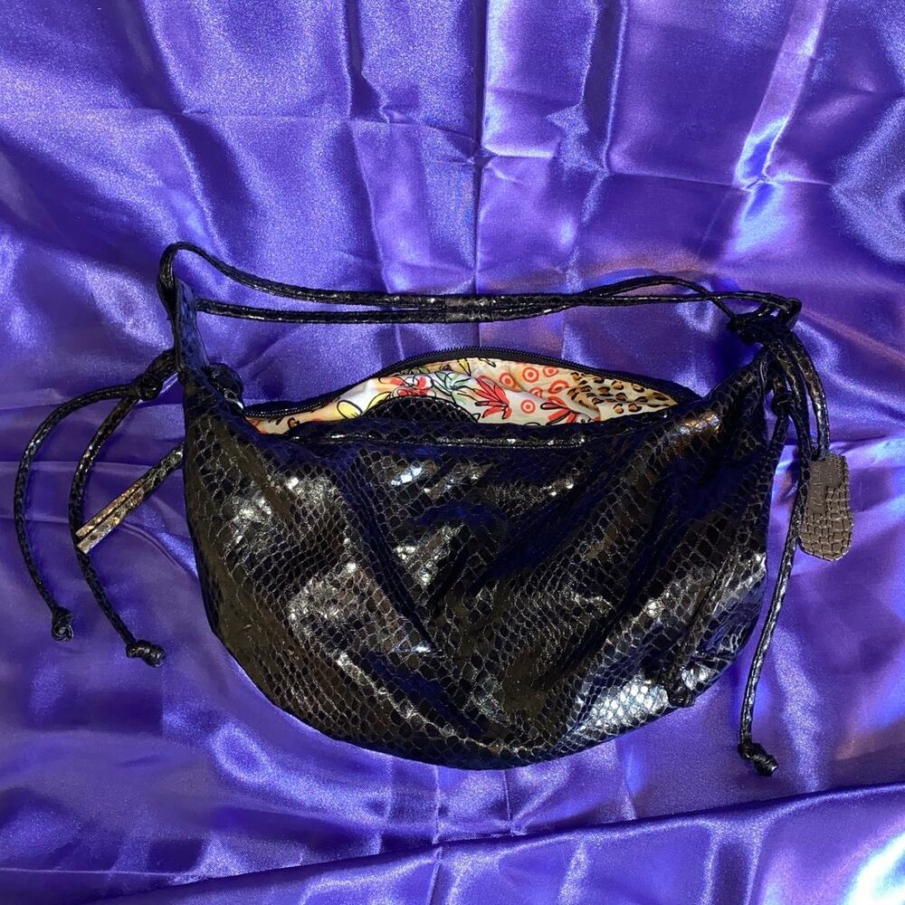 Carlos Falchi Target Purse Black Snake Faux Leather Patchwork Handbag Straps GUC